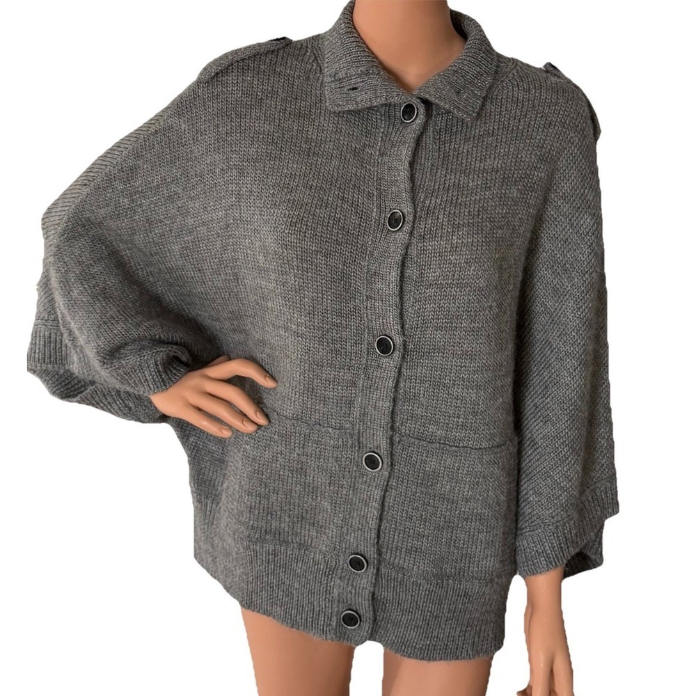 Banana Republic Cardigan Womens L Gray Wool Alpaca Blend Poncho Cape Buttons